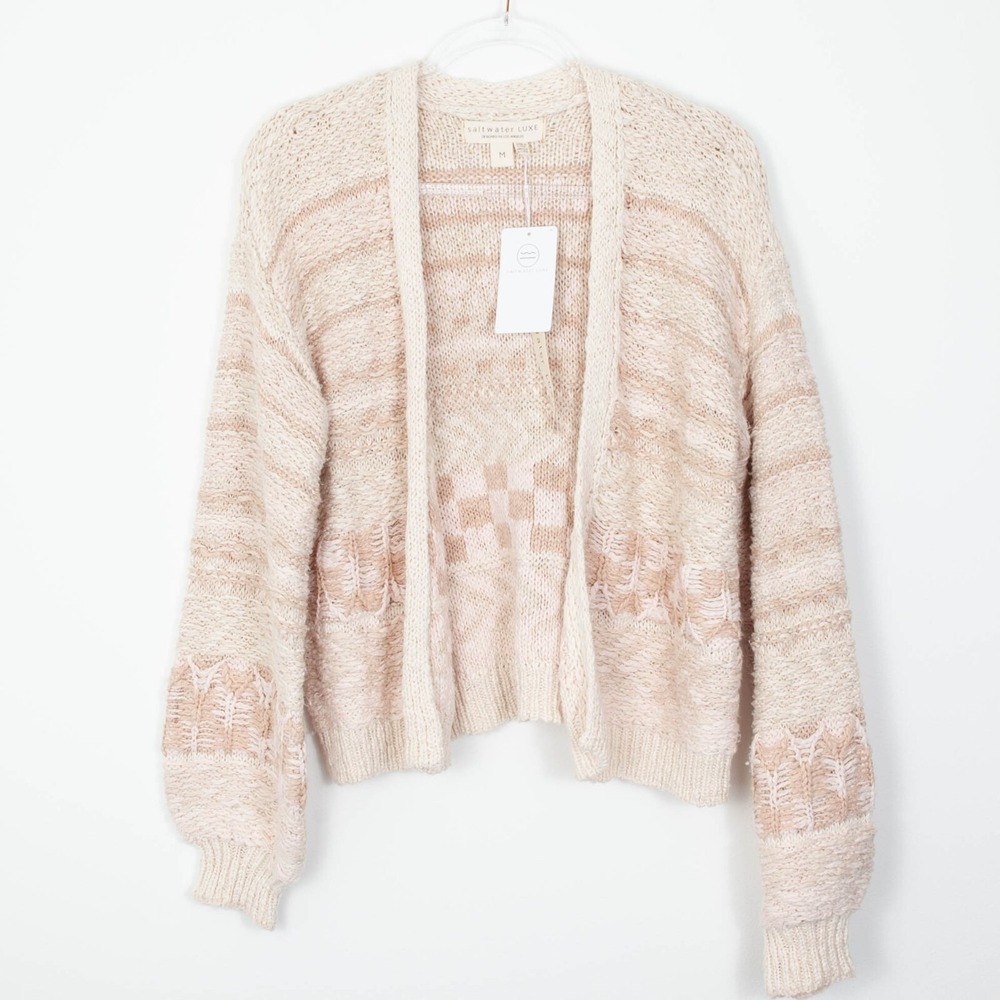 NWT Saltwater Luxe Womens 3D Knit Balloon Sleeve Cardigan Sweater Size M Neutral - Picture 2 of 8